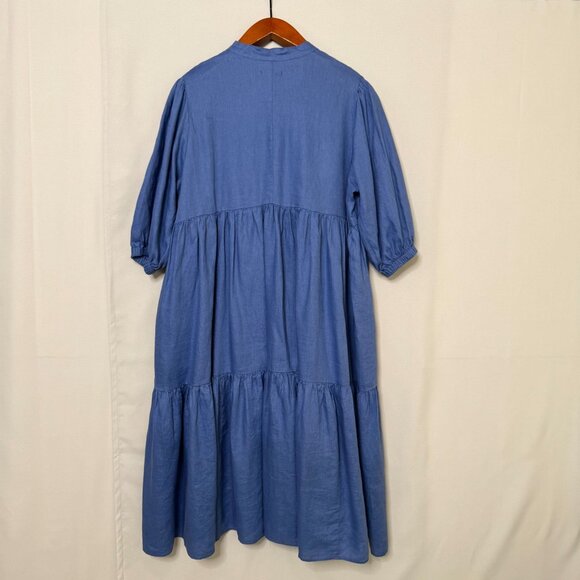 Visible Art Blue 100% Linen Ballon 3/4 Sleeves Empire Waist Midi Dress Size XL - Picture 7 of 12